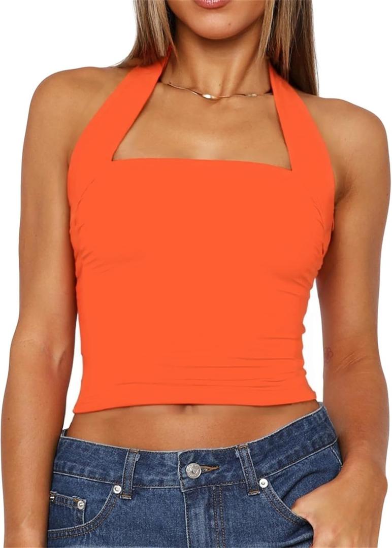 ForeFair Women Halter Neck Backless Crop Top Sexy Y2K Sleeveless Tank Top Open Back Slim Fit Tops (Medium, Orange)