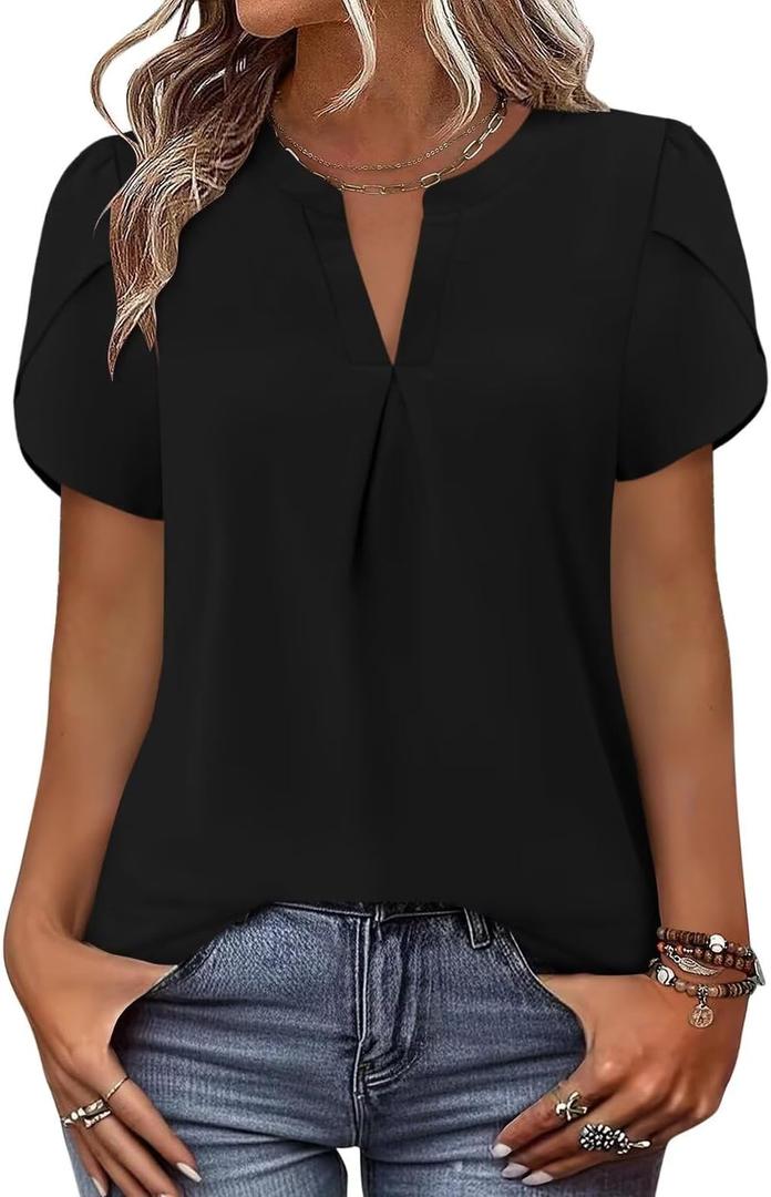 Magritta Women's Tops Dressy Casual Short Sleeve Pleated T-shirt 2025 Summer Loose Fitting Blouse Fashion V Neck Business Shirt (Small, A2black)