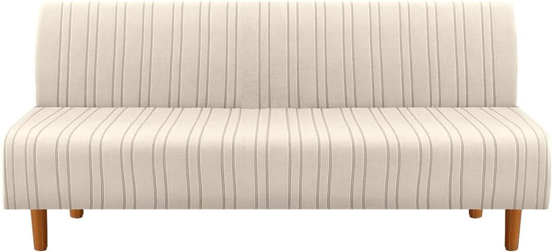 H.VERSAILTEX Stretch Futon Slipcover Armless Sofa Cover Furniture Protector Without Armrests Slipcover Soft with Elastic Bottom for Kids, Spandex Jacquard Modern Stripe Design, Natural