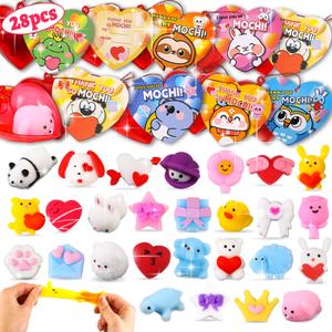 FLYSNK 28 Pack Mochi Squishes Valentines Day Gifts for Kids Classroom Valentines Day Cards for Kids School, Valentines for Class Valentines Exchange Cards Party Favors Classroom Exchange Gift Set