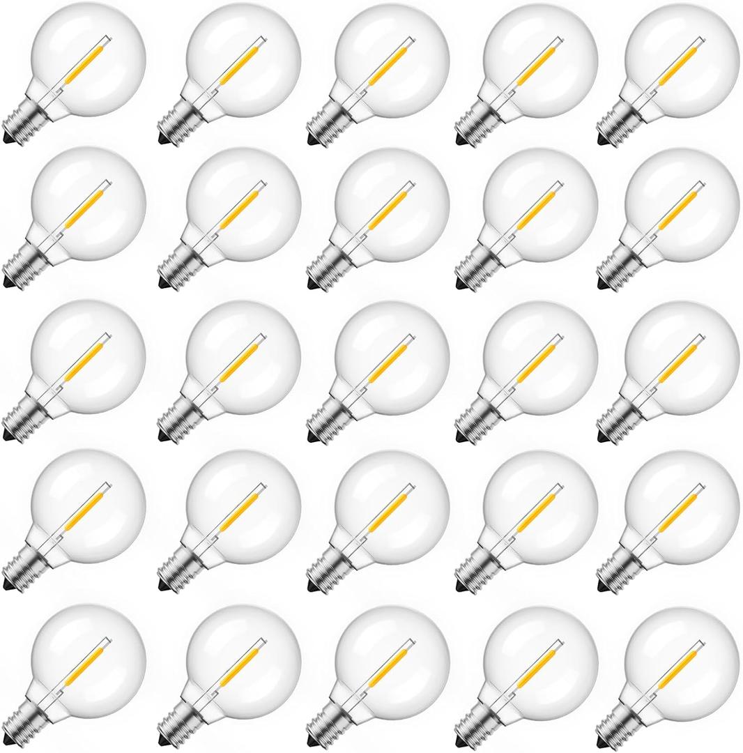 Brightown G40 Replacement LED Light Bulbs, 25 Pack Clear Globe Bulb fits E12 C7 Candelabra Screw Base Sockets, 1.5 Inch Dimmable Edison Light Bulbs for Indoor Outdoor Patio Decor, Warm White