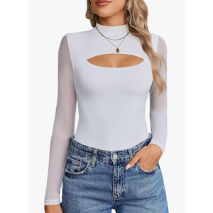 Avidlove Women Long Sleeve Thong Bodysuit Turtle Neck Shapewear Sexy Mesh Top Double Lined Cutout Shirt, Small, White 