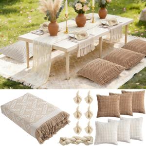 91x 71 Extra Large Outdoor Boho Picnic Blanket with 6 Throw Pillow Covers, Beige white White Table Runner, 6 Napkins, 6 Napkin Rings, Cotton Yarn Oversize Beach Blanket for Outdoor Party Camp Wedding