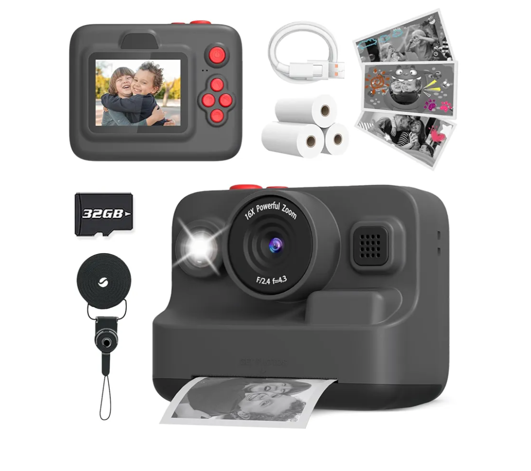 Kids Camera Instant Print, Christmas Birthday Gifts for 3-12 Year Old Boys Girls, 2.4in Screen 1080P Kids Digital Camera Toys for Kids Age 3 4 5 6 7 8 9 10 with 3 Rolls Print Paper 32G Card