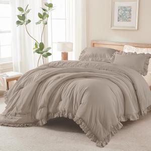 Andency Light Brown Ruffle Comforter Queen(90x90Inch), 3 Pieces(1 Ruffled Comforter and 2 Pillowcases) Solid Farmhouse Shabby Chic Bed, Vintage Rustic Soft Microfiber Bedding Set
