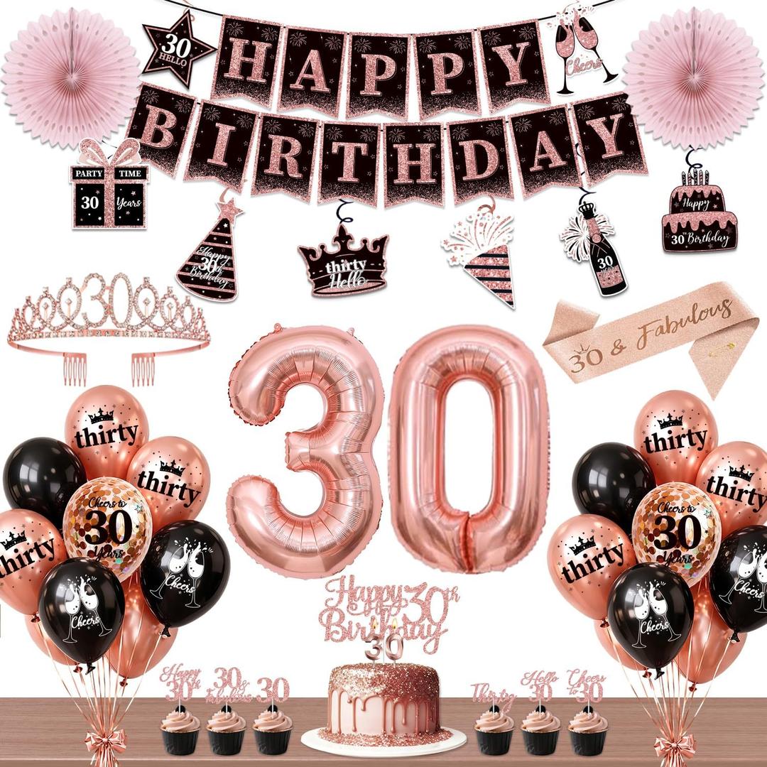 30th Birthday Decorations for Women, 54pcs Happy 30th Birthday Crown and Sash, Black Rose Gold Banner Backdrop Balloons Hanging Swirls Paper Fans, 30 Years Old Birthday Party Supplies Kit
