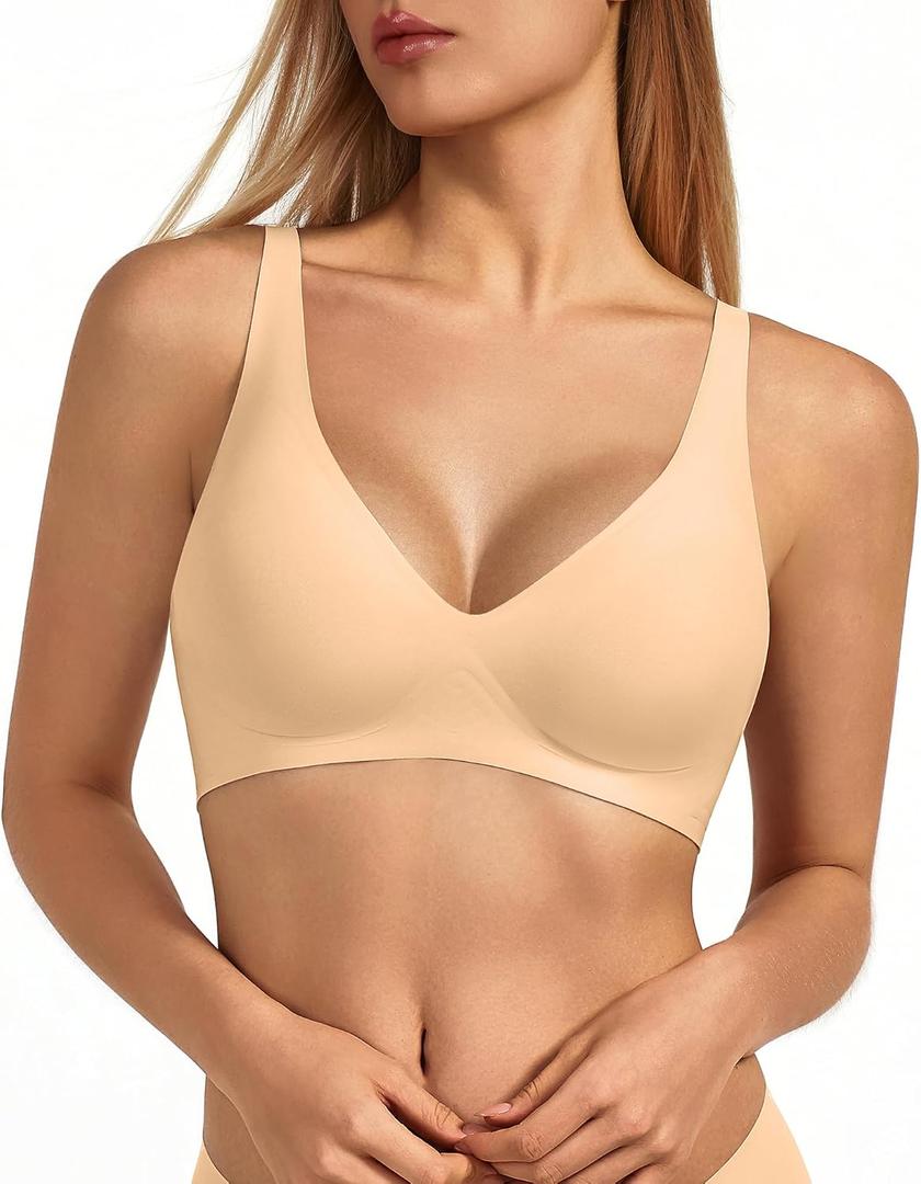 VQJ Women's Wireless Bra Ultra Soft Deep V Plunge Jelly Push Up, Seamless Comfort Bralette with Light Support, No Underwire Everyday T-Shirt Bra (Nude-S)