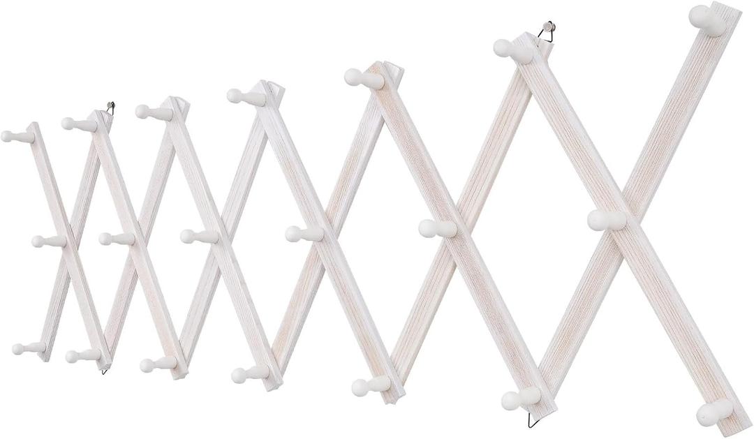 Accordion Wall Hanger with 20 Hooks, Wooden Wall Expandable Coat Rack for Coat, Hats, Baseball Caps, Coffee Mug, Jewelry(Ruist White)