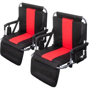 GREEN PARTY Stadium Seat for Bleachers Portable Outdoor Floor Folding Stadium Chair with Armrest, Back Support, Cup Holder, Mesh Bag and Hide Hooks (Black Red 2)