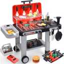 CUTE STONE Kids BBQ Grill Toys, Color Changing Play Food, Sizzling Sound & Light Effects, Cool Mist Spray, Pretend Cooking with Frying & Grilling, 2-Tier BBQ on Wheels - Kitchen Toy, Birthday Gift (Red)