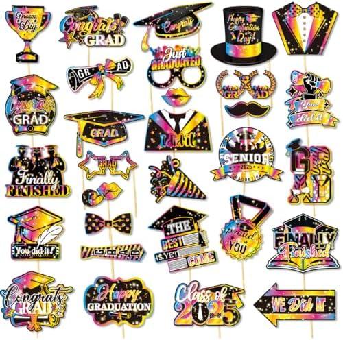 30Pcs Colorful Graduation Happy Decorations Photo Booth Props,Multi-Color Graduation Party Birthday Supplies