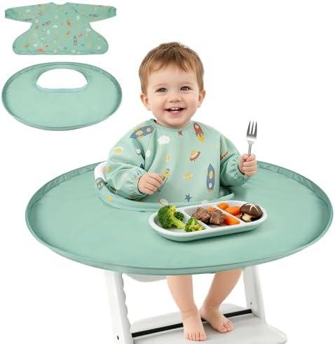 RICHER HOUSE Food Catcher for for Stokke Tripp Trapp High Chair, Coverall Baby Feeding Bib, Long Sleeves Eating Bib for Highchair and Table, Detachable, Waterproof, Baby Feeding Accessories, Green