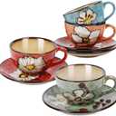 Cappuccino Cups Set of 4, 8 Oz Ceramic Coffee Cups with Saucers for Espresso, Tea, Latte Hand-Painted Porcelain Underglaze Design