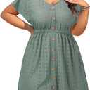 Plus Size Swimsuit Cover Up Women V Neck Swimwear Short Sleeve with Button | Coverups Beach Dress, pink, green, 20W (Green)
