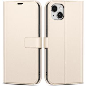 oakxco for iPhone 14 Plus/ 15 Plus Wallet Case with Credit Card Holder, Magnetic RFID Slim Folio Book Flip Leather Phone Case for Women Men Girl, Cute Silicone Rubber Shockproof Cover, Beige White