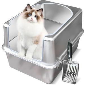 Stainless Steel Litter Box with Metal Lid and Scoop - Enclosed Metal Litter Box for Large Cats, Rust-Resistant, Odor-Control, Easy to Clean, Durable & Long-Lasting with Round Edge (L)