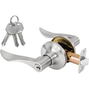 Keyed Entry Door Lever, Door Handle with Lock and Key, Exterior Interior Door Handle for Bedroom, Wave Style Lever Satin Nickel, Reversible for Left/Right