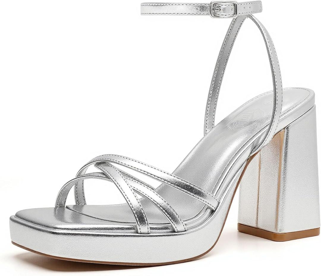 Trary Gold & White Heels - Square Toe, 3 inch Platform, Strappy & Block Heels for Wide Feet, Ankle Strap Y2k Shoes for Prom (7, Silver Pu)