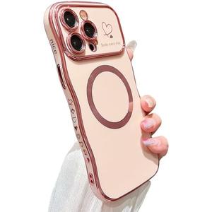 ZONRW for iPhone 15 Pro Case Magnetic,for Women Girls Soft Cute Wave Frame Curly Shape Love Heart Luxury Plating Phone Case Compatible with MagSafe Shockproof Back Cover 6.1"-Pink