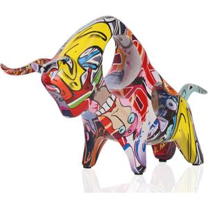 QIANLING Resin Graffiti Bull Statue, Minimalistic Full-Color Bull Figurine Decor, Originality Abstract Bull Sculpture Home Decor, Suitable for Interior Decor, Bookshelf, Table top, Centerpiece