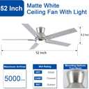 Sevenine 52 Inch Brushed Nickel Flush Mount Ceiling Fans with Lights and Remote, Low Profile Nickel Ceiling Fans for Bedroom Living Room Patio Porch, Quiet 6 Speed Reversible DC Motor, 3CCT, Dimmable