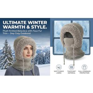 3-in-1 Women's Winter Knitted Balaclava Hat with Neck Warmer, 2026 New Multifunctional Cozy Fleece Ski Mask for Extreme Cold, Windproof Hooded Scarf for Outdoor Sports & Hiking（Gray）