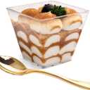supernal 100pcs Square Plastic Dessert Cups (4oz) with 100pcs Mini Gold Plastic Spoons, Plastic Parfait Appetizer Cup, Medium Clear Dessert cups Perfect for Cakes, Ice Cream, Desserts Appetizers