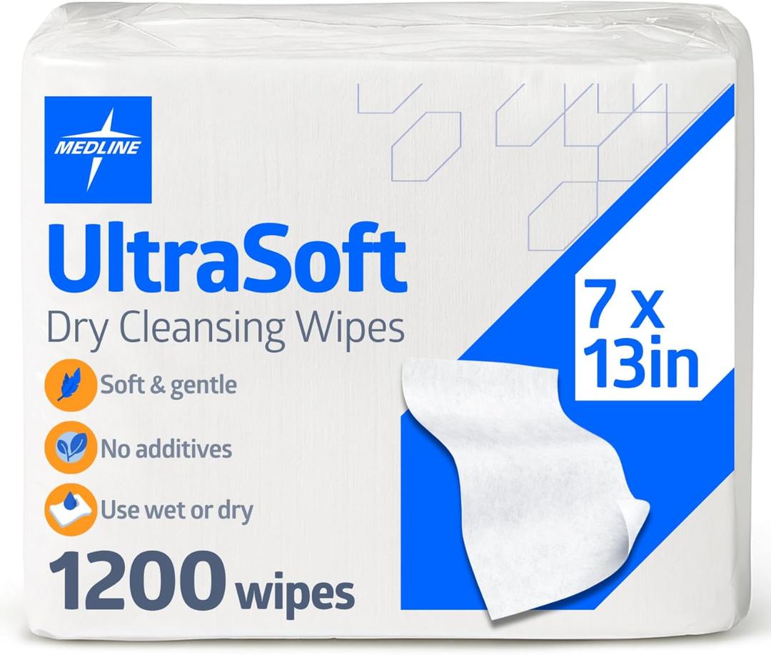 Medline Ultrasoft Dry Wipes, Soft Disposable Cleansing Cloths, 1200 Count, Dry Wipe Size is 7 x 13 Inches, Ideal for Sensitive Skin and Can Be Used as Washcloths