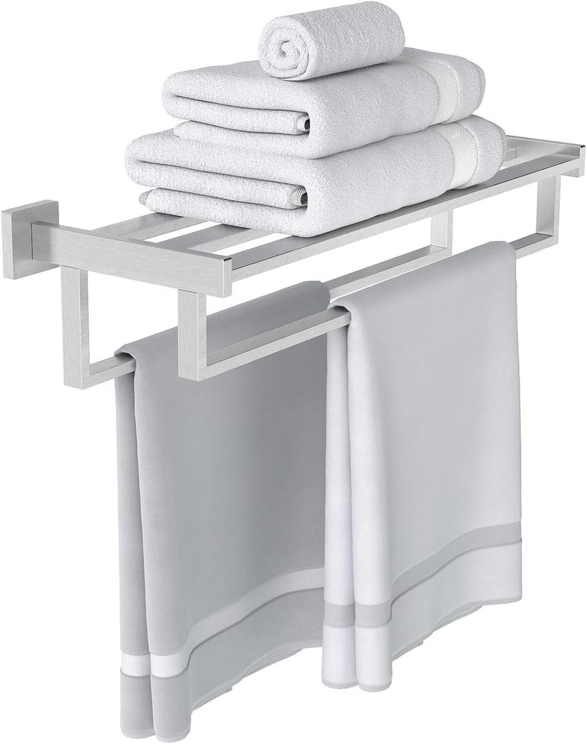 Double Towel Bar, 24 Inch Towel Racks for Bathroom Wall Mounted, Bathroom Towel Rack, Towel Rack with Shelf, Stainless Steel Hand Towel Hanger, Bath Towel Holder for Wall, Brushed Nickel