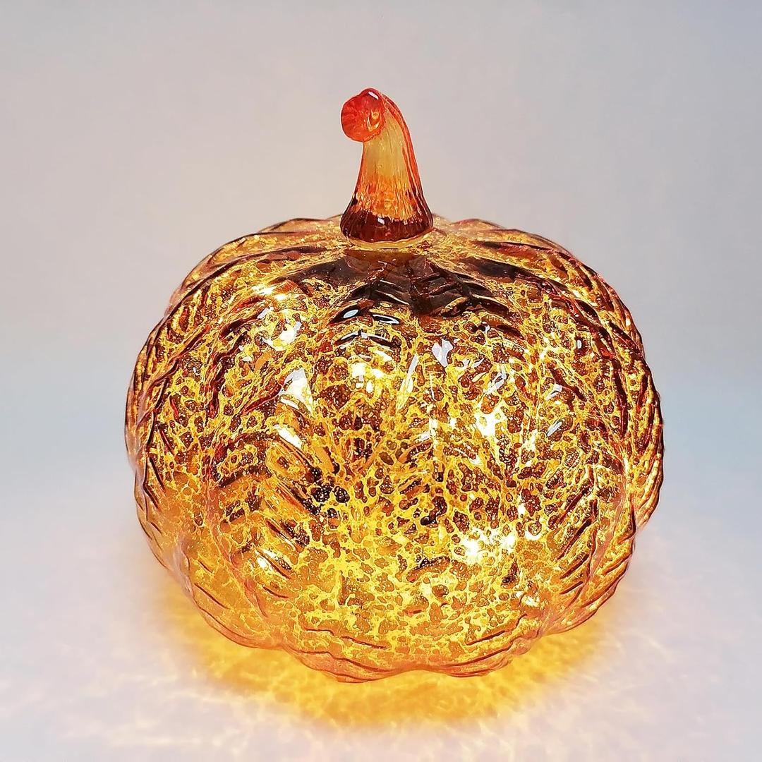 Mercury Glass Pumpkin Light with Timer, with 10 Fairy Lights Inside, Battery Operated Led Pumpkin Lamp, Ideal for Halloween Fall Decoration, Thanksgiving Rustic Decor, Xmas Dcor (Gold)