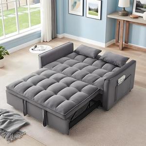 LINKHOO 3-in-1 Convertible Sofa Bed, Pull-Out Sleeper Bed with Adjustable Backrest & Two Arm Storage Pocket, Velvet Futon Couches, Loveseat, Dark Gray