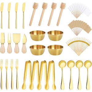 98 Pcs Charcuterie Board Accessories, Stainless Steel Cheese Spreaders with Wooden Handle Forks Spoons Mini Serving Tongs Honey Dippers Sauce Cups Toothpick Flags Charcuterie Utensils, Gold