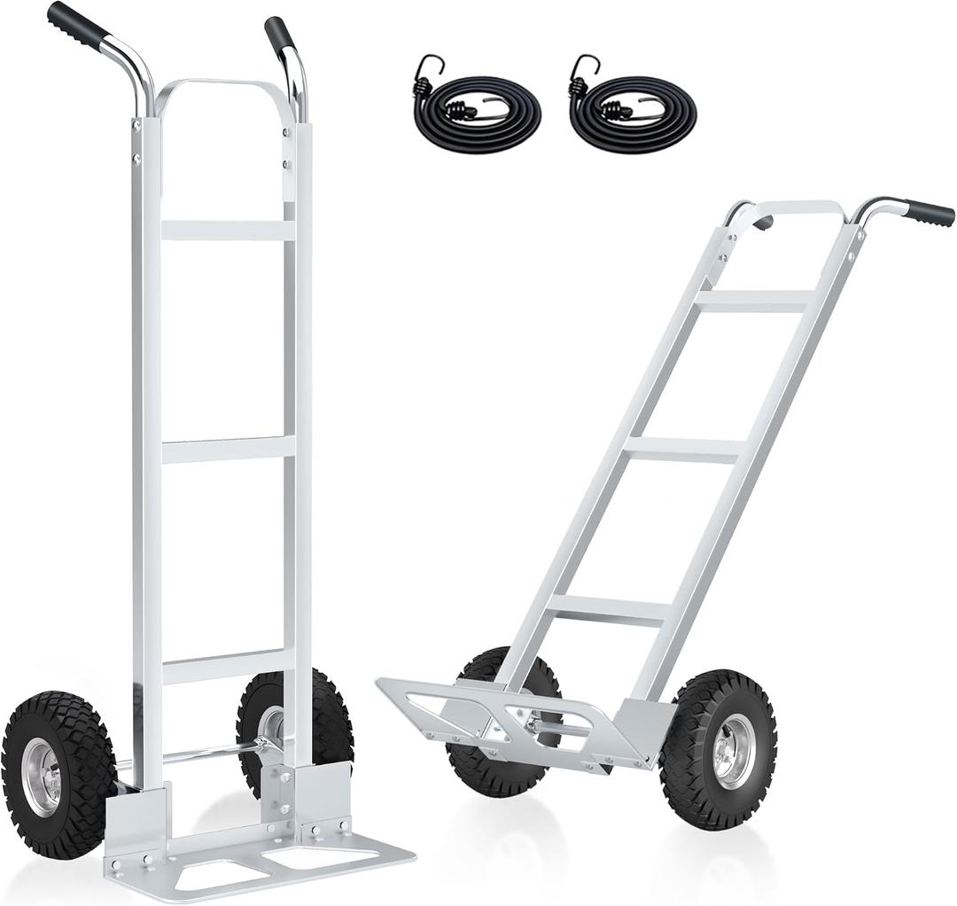 Hand Truck, 600 lbs Load Capacity, Heavy Duty Industrial Dolly with 10" Pneumatic Tire and 2 Elastic Cords, Dolly Cart for Moving in Home, Office, Warehouse, Transport, Supermarket
