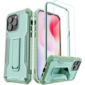ExoGuard for iPhone 14 Pro Max Case 6.7 Inch, Rubber Shockproof Full-Body Cover Case Come with a Tempered Glass Screen Protector and Kickstand (Green)