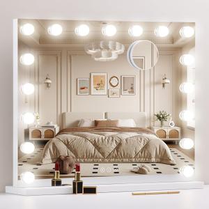Vanity Mirror with Lights,Makeup Mirror with 17 Dimmable LED Bulbs, 3 Color Lighting Modes Detachable 10X Magnification Mirror Touch Control, 23.6X19,7 inch, White