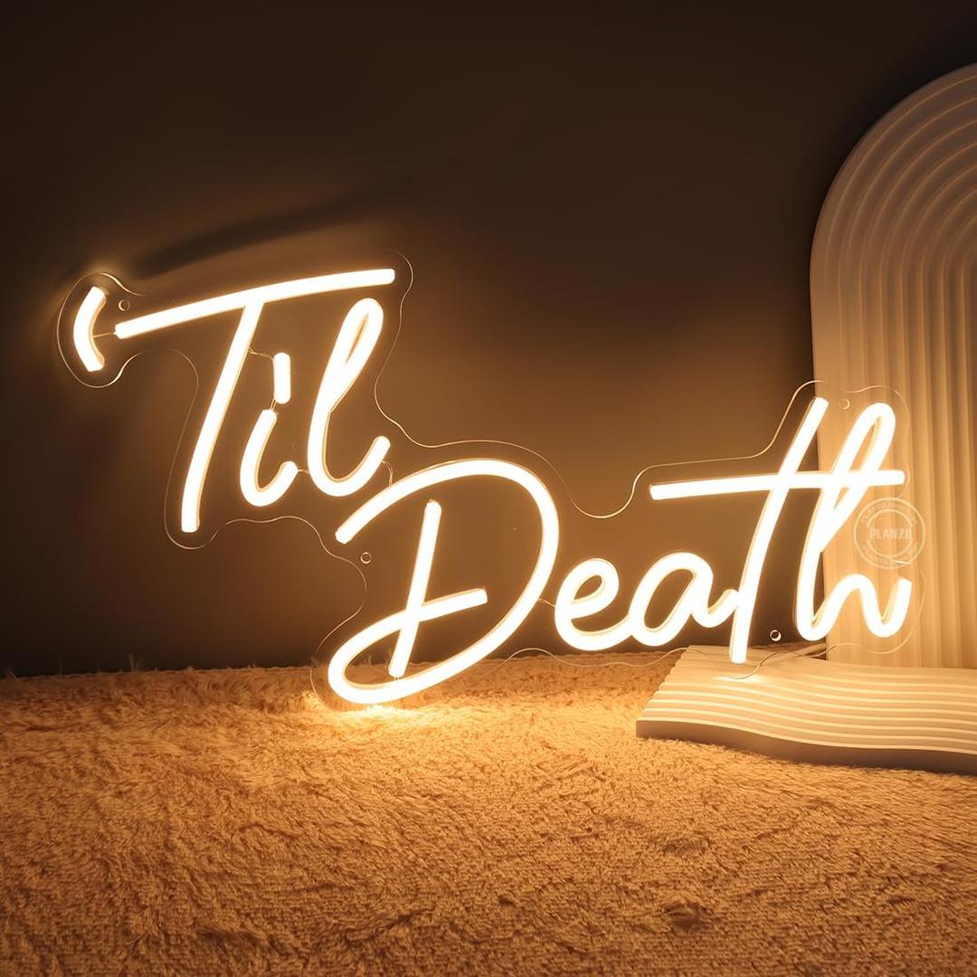 Planzo Til Death Neon Sign Bedroom Wall Decor Led Light Gothic Wedding Party Home Decor Engagement Proposal Christmas Gift 5V USB Powered with Dimmer Switch 17IN Warm White
