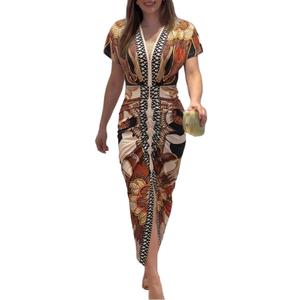 CHICME Summer Dresses for Women Floral Print Plunge V Neck Midi Dress Casual Ruched Slit Bodycon Party Dress (Medium)