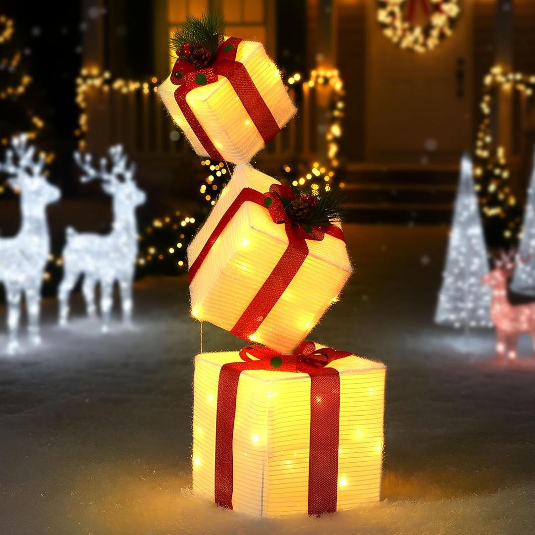 Pinkunn 3D 2.8 ft Lighted Gift Boxes Outdoor Decorations Set of 3, 50 LED Stackable Nesting Gift Boxes Battery Operated for Winter Outdoor Decoration(Red, White, Box Style)