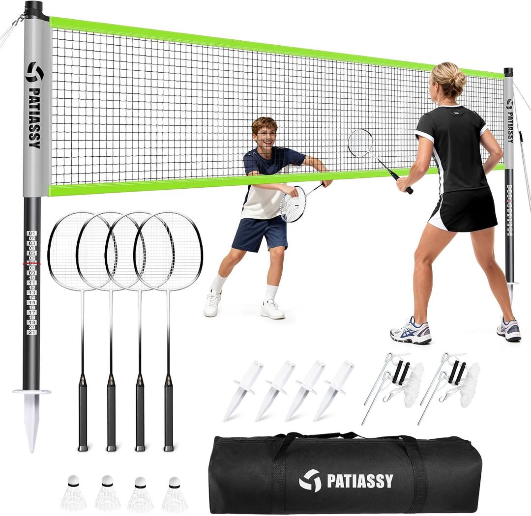 Badminton Set for Backyard, Outdoor Badminton Net with Anti-Sag Design, 4 Professional Badminton Rackets, 4 Shuttlecocks and Carry Bag for Lawn or Beach
