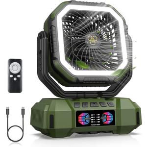 Portable Camping Fan 40000mAh Battery Powered, Rechargeable Camping Fan with Remote & LED Light, 4 Speed Strong Airflow & 3 Colors Light for Desk/Outdoor/Tent/Camping/Fishing, Army Green, 10.6"L x 5.5"W x 13"H