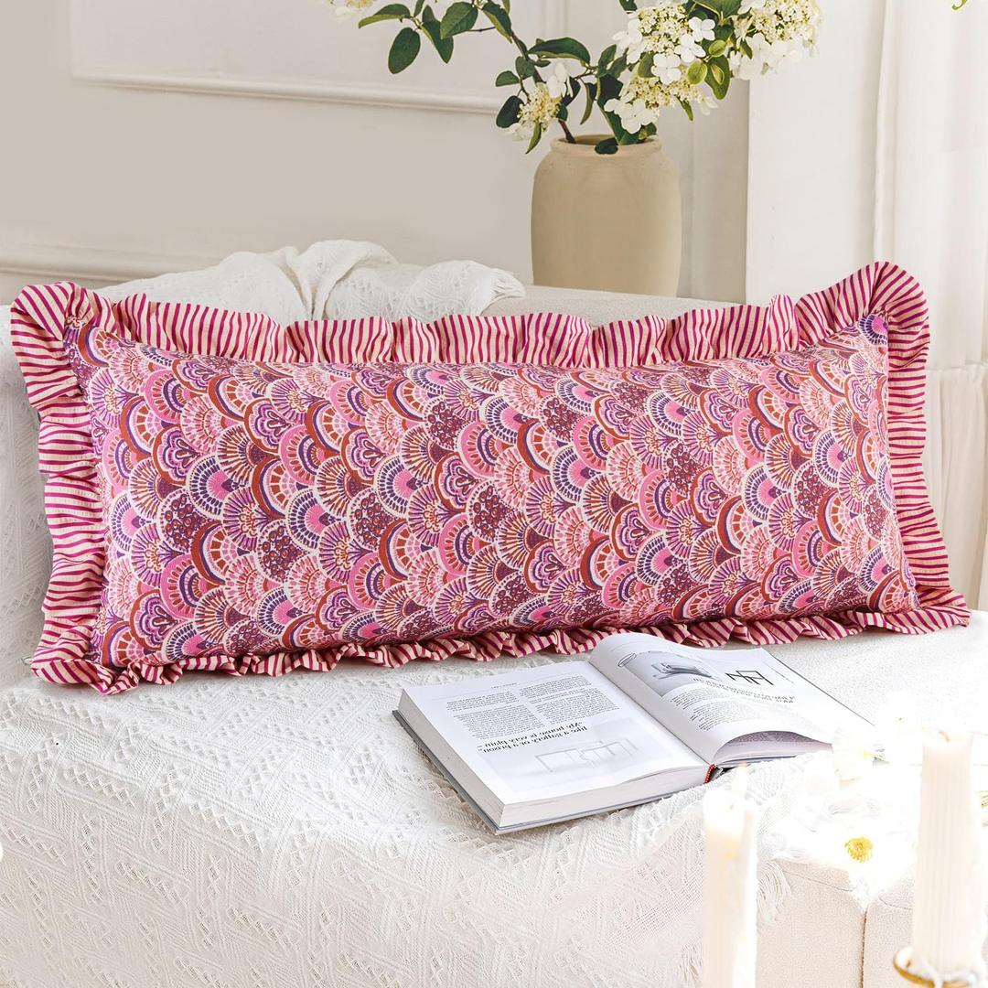 14x36 Inch Cotton Block Print Ruffle Sham Cover,Handmade Boho Floral Block Print Pillowcase,Ruffle Trim,Soft Decorative Cushion Case for Bedroom,Farmhouse&Cottagecore Bedding