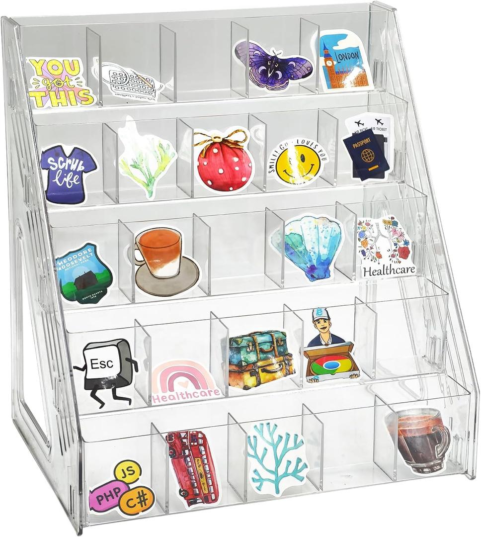 Sticker Display Stand for Vendors, 5 Tiers 25 Pockets Sticker Holder Display, Sticker Organizer Shelf for Craft Fairs, Vendors, Small Business Booth & Desktop