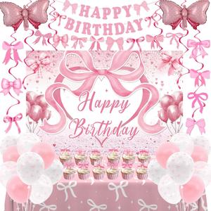 Pink Bow Birthday Decorations for Girls Women, Coquette Birthday Decorations, Pink and White Happy Bday Banner Backdrop Balloons Tablecloth Hanging Swirls Cake Toppers, Bows Theme Party Decor Girl