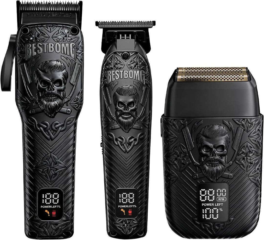 BESTBOMG Professional Cordless Mens Hair Clippers & Beard Trimmer and Electric Shavers Kits & Sets,Metal Hair Clippers Cutting Grooming Kit with Long Battery Life for Family Barber Use (Black) (3 PACK)