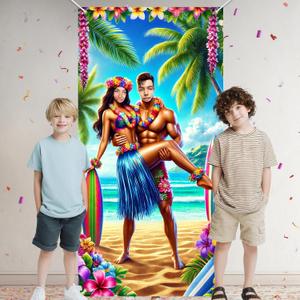 HOMETITUTE Photo Door Banner Hawaiian Backdrop Supplies 35x71 Inch Luau Beach Party Decorations Tropical Couples Poster Palm Tree Ocean Door Scene by Banner Photography
