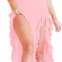 Women Summer Elegant Strapless Tube Midi Bodycon Dresses Irregular Ruffle Tassel Party Dress (Small, Pink)
