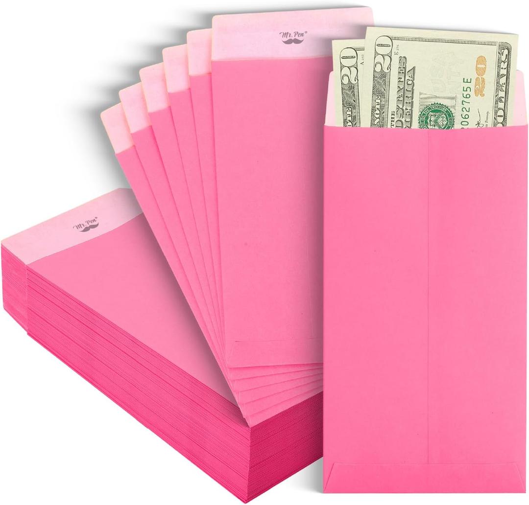 Cash Envelopes 100 Pack 3.5x6.5inch,Colored envelope，Coin envelope，Colored envelopes for cash,Seed envelope，budgets, checks, coins, tickets, jewelry, small items(PINK)