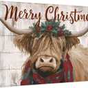 Christmas Highland Cow Wall Art Merry Christmas Sign Poster Rustic Farmhouse Cow Pictures Wall Decor Rustic Wood Grain Farm Animal Canvas Prints Artwork for Kitchen Dining Room Home Decoration 12x16"