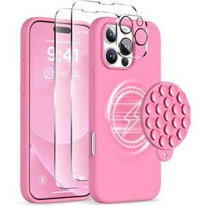 Magnetic for iPhone 16 Pro Case, Compatible with Magsafe, Suction Cup Phone Mount, 2 Screen Protectors - Camera Protector, Silicone Shockproof Protective Phone Cover 6.3", Tender Pink