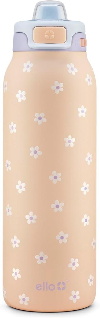 Ello Pop & Fill Stainless Steel Water Bottle with Quick Fill Technology, Double Walled Vacuum Insulated Metal, Leak Proof Locking Lid, Sip & Chug, BPA Free, Holiday Gift for Him Her, 22oz, 32oz, 40oz (Gloss Daisies)